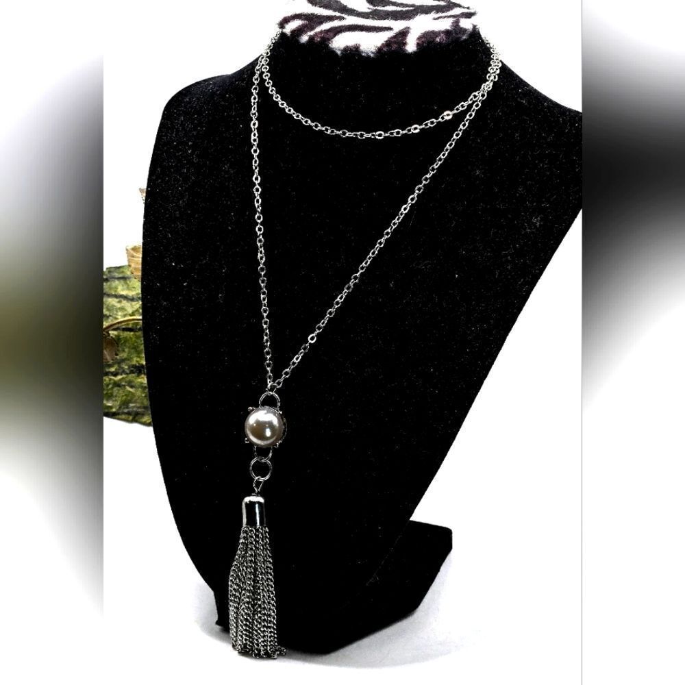 "5/$25" Long Silver Tone Faux White Pearl Adjustable Tassel Necklace